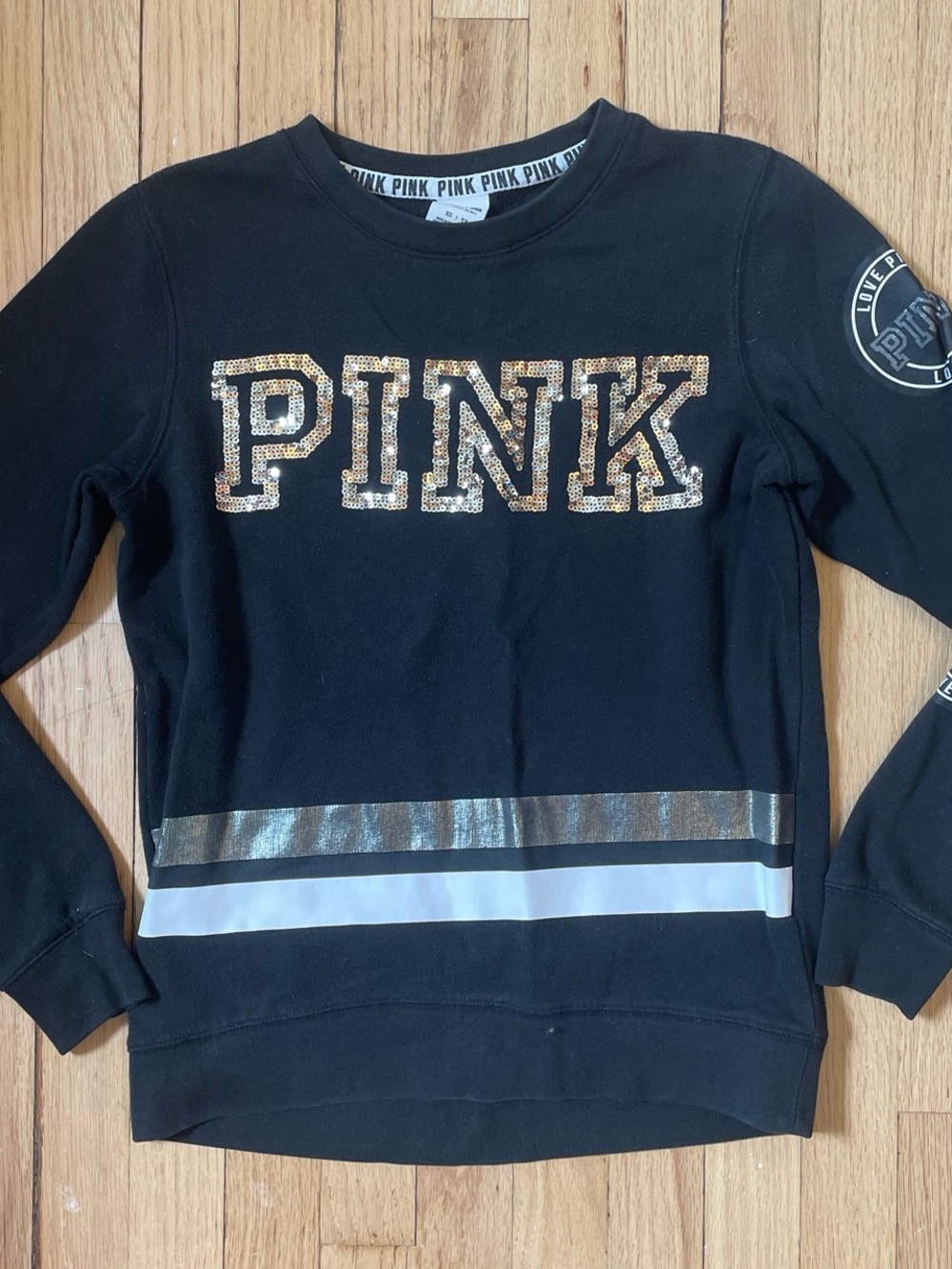 PINK Victoria's Secret Black Sweatshirt with Gold Sequin Logo & White Stripe